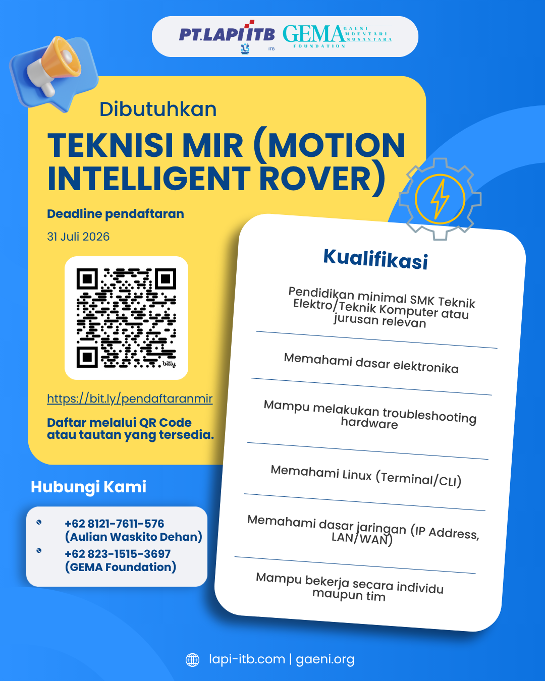 Rekrutmen Teknisi MIR (Motion Intelligent Rover) bersama PT LAPI-ITB